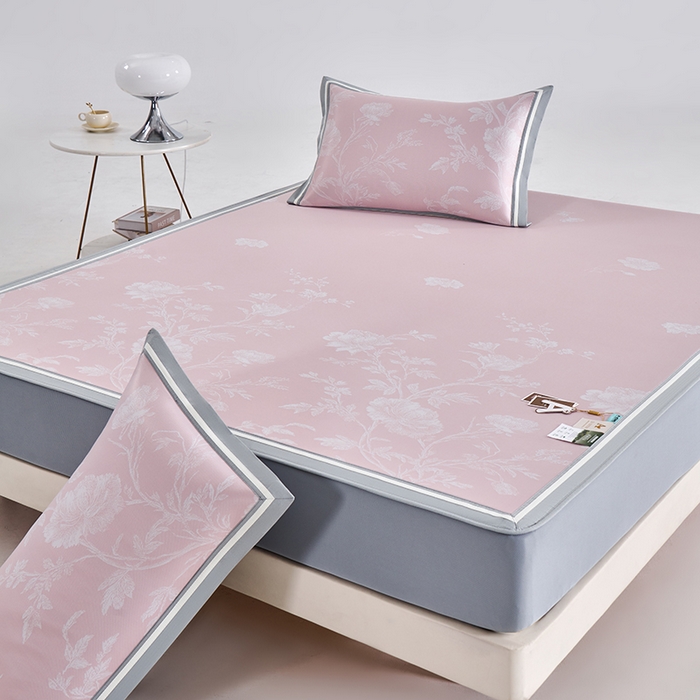 91家纺网 家纺一手货源 找家纺 小牛席业 2026新款牡丹清凉大提花床笠款冰丝席凉席席子藤席竹席豆豆席乳胶席 粉色