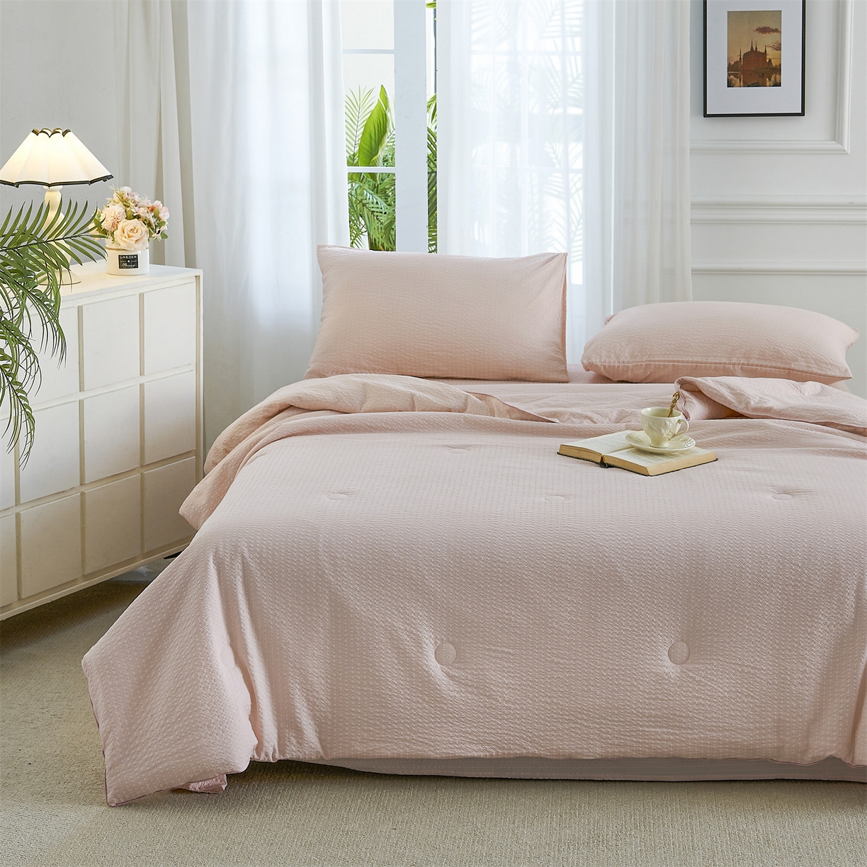 91家纺网 家纺一手货源 找家纺 铺尚美家纺 2026新款泡芙棉夏被四件套泡芙纱单夏被空调被夏凉被-纯色 清爽系列-粉玉