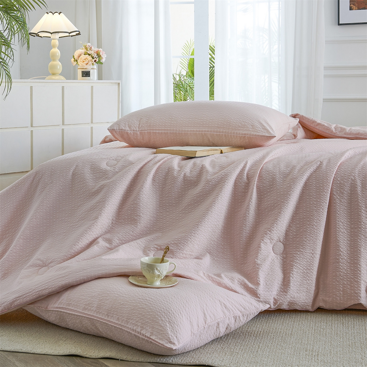 91家纺网 家纺一手货源 找家纺 铺尚美家纺 2026新款泡芙棉夏被四件套泡芙纱单夏被空调被夏凉被-纯色 清爽系列-粉玉