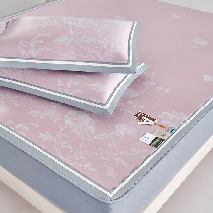 91家纺网 家纺一手货源 找家纺 小牛席业 2026新款牡丹清凉大提花床笠款冰丝席凉席席子藤席竹席豆豆席乳胶席 粉色