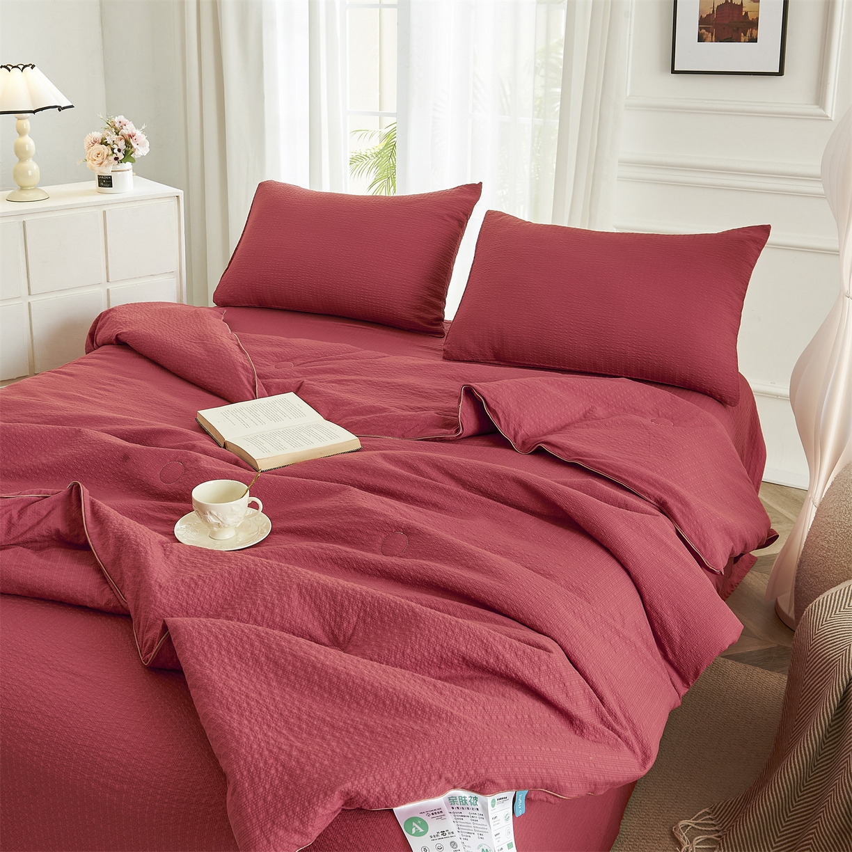 91家纺网 家纺一手货源 找家纺 铺尚美家纺 2026新款泡芙棉夏被四件套泡芙纱单夏被空调被夏凉被-纯色 清爽系列-酒红