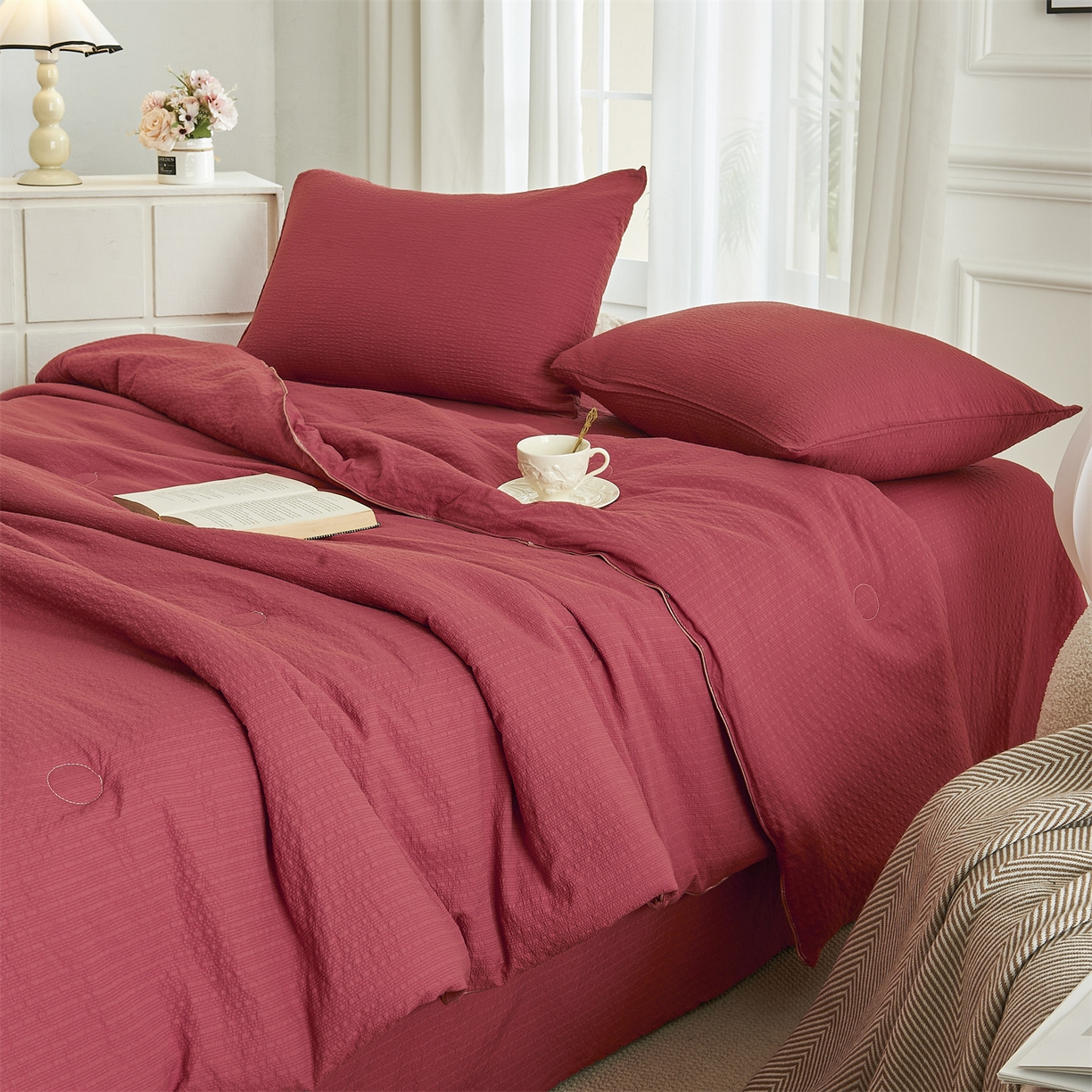 91家纺网 家纺一手货源 找家纺 铺尚美家纺 2026新款泡芙棉夏被四件套泡芙纱单夏被空调被夏凉被-纯色 清爽系列-酒红