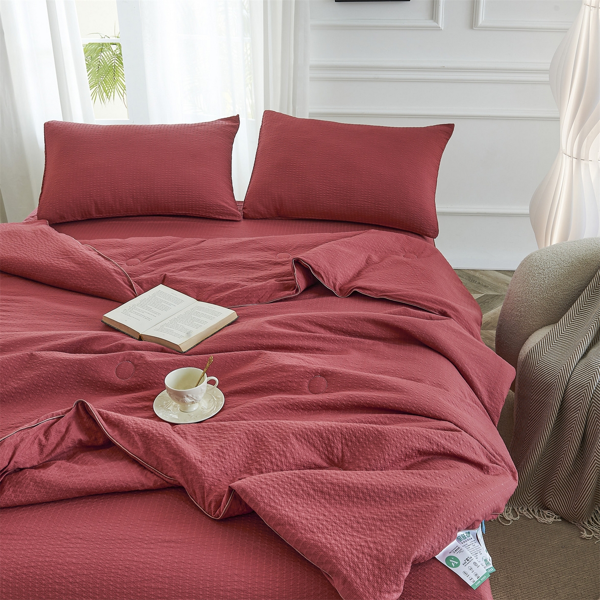 91家纺网 家纺一手货源 找家纺 铺尚美家纺 2026新款泡芙棉夏被四件套泡芙纱单夏被空调被夏凉被-纯色 清爽系列-酒红