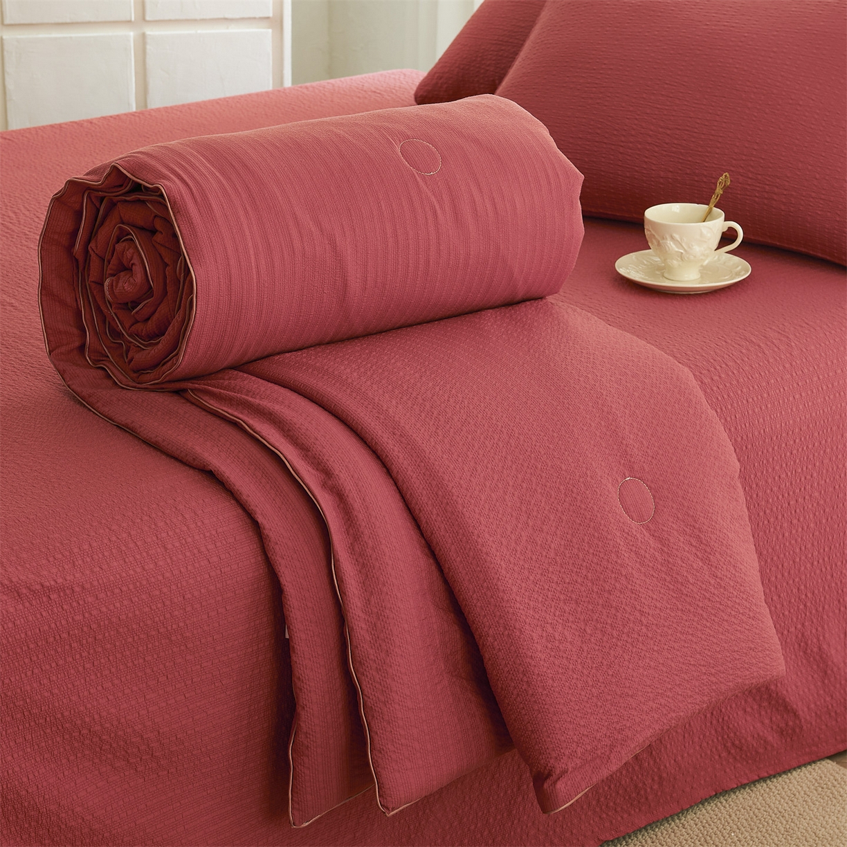 91家纺网 家纺一手货源 找家纺 铺尚美家纺 2026新款泡芙棉夏被四件套泡芙纱单夏被空调被夏凉被-纯色 清爽系列-酒红