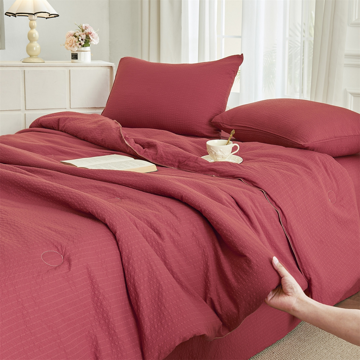 91家纺网 家纺一手货源 找家纺 铺尚美家纺 2026新款泡芙棉夏被四件套泡芙纱单夏被空调被夏凉被-纯色 清爽系列-酒红