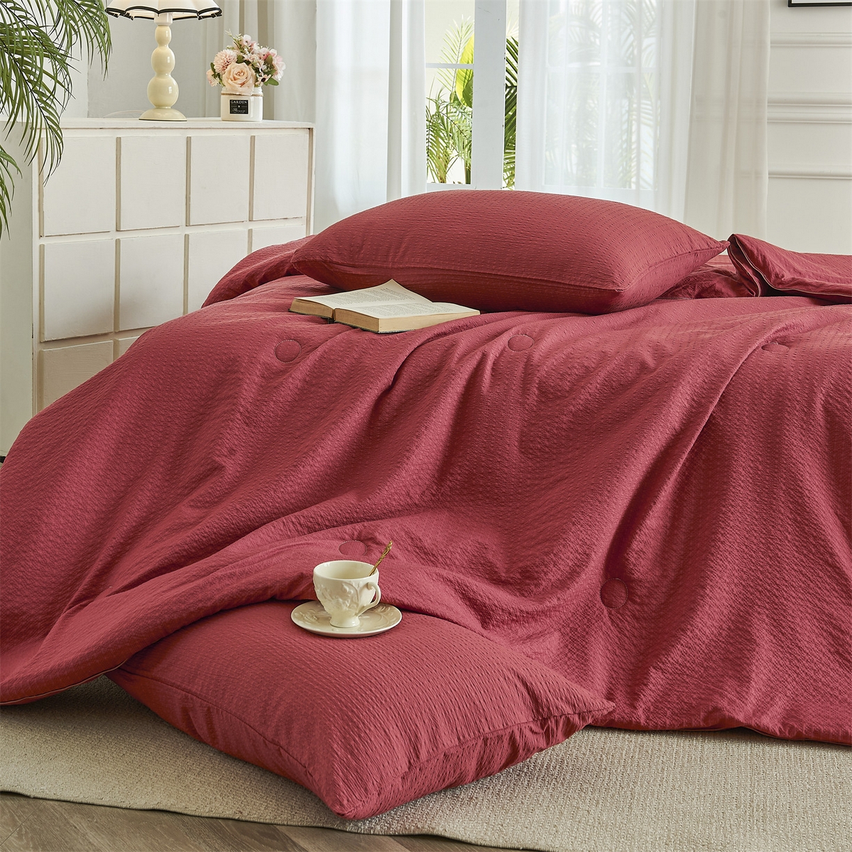 91家纺网 家纺一手货源 找家纺 铺尚美家纺 2026新款泡芙棉夏被四件套泡芙纱单夏被空调被夏凉被-纯色 清爽系列-酒红