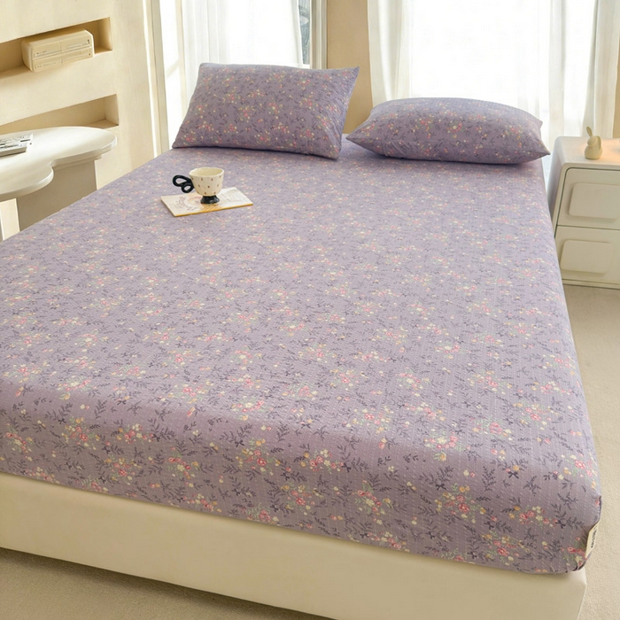 91家纺网 家纺一手货源 找家纺 几禾 2026新款高克重泡芙纱~印花款（单床笠）浅糯系列-110g CL浅糯-松间茶事