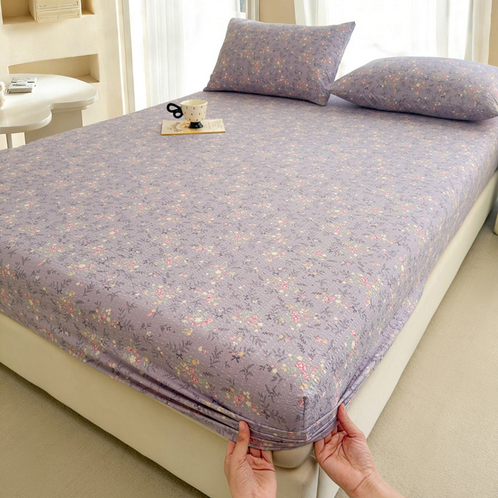 91家纺网 家纺一手货源 找家纺 几禾 2026新款高克重泡芙纱~印花款（单床笠）浅糯系列-110g CL浅糯-松间茶事