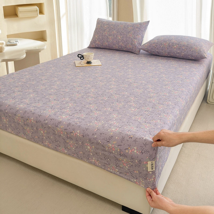 91家纺网 家纺一手货源 找家纺 几禾 2026新款高克重泡芙纱~印花款（单床笠）浅糯系列-110g CL浅糯-松间茶事