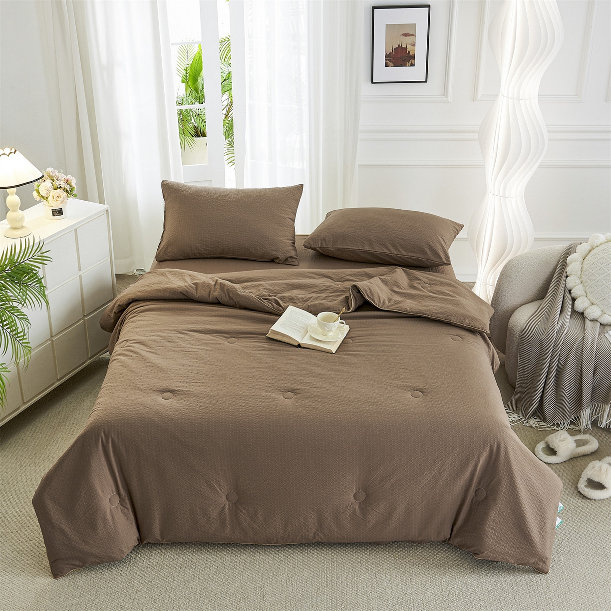 91家纺网 家纺一手货源 找家纺 铺尚美家纺 2026新款泡芙棉夏被四件套泡芙纱单夏被空调被夏凉被-纯色 清爽系列-卡其