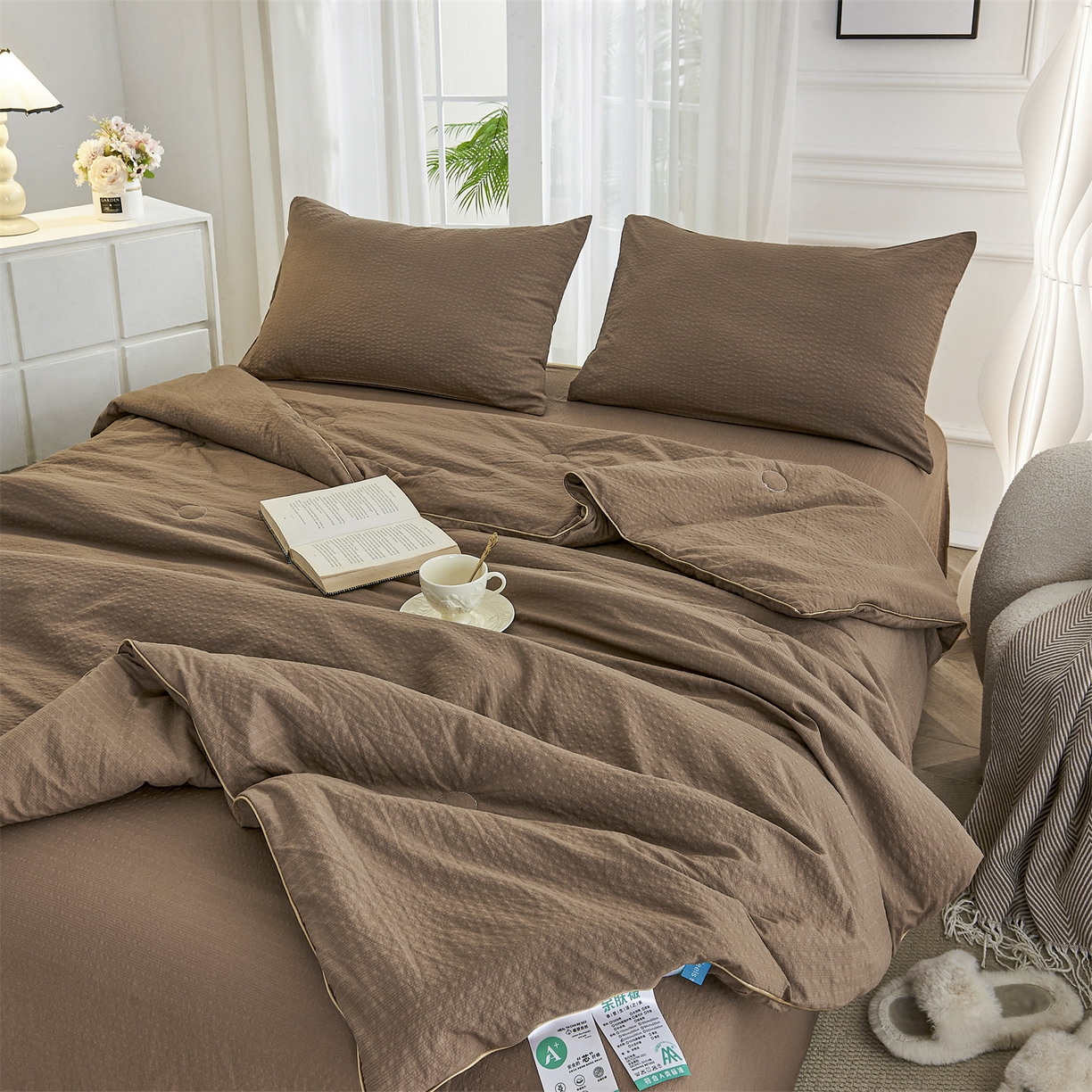 91家纺网 家纺一手货源 找家纺 铺尚美家纺 2026新款泡芙棉夏被四件套泡芙纱单夏被空调被夏凉被-纯色 清爽系列-卡其