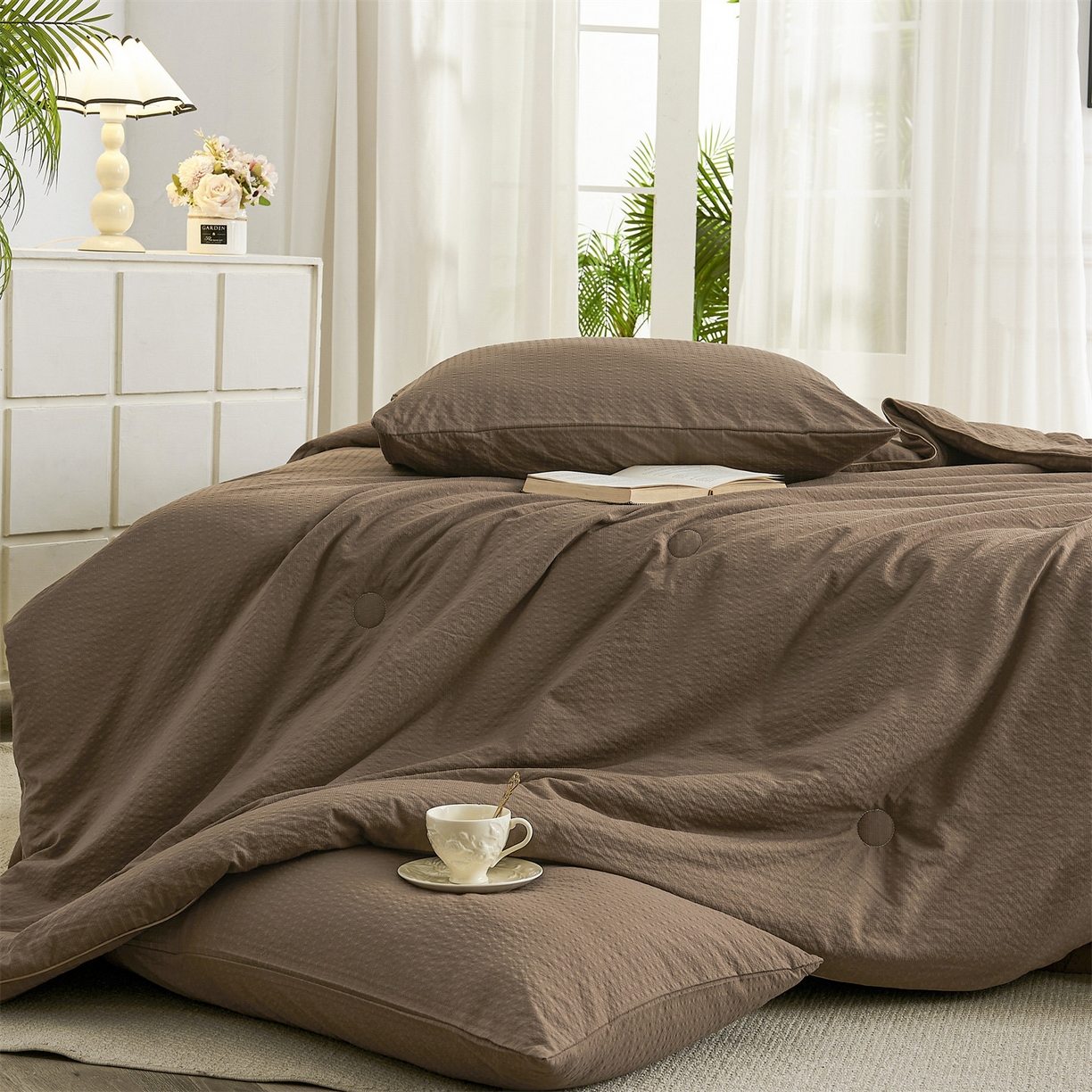 91家纺网 家纺一手货源 找家纺 铺尚美家纺 2026新款泡芙棉夏被四件套泡芙纱单夏被空调被夏凉被-纯色 清爽系列-卡其