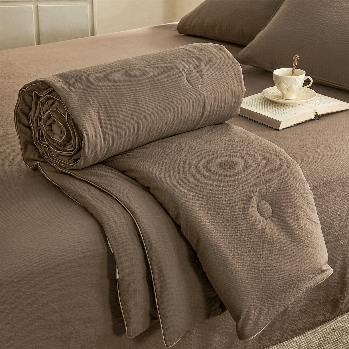 91家纺网 家纺一手货源 找家纺 铺尚美家纺 2026新款泡芙棉夏被四件套泡芙纱单夏被空调被夏凉被-纯色 清爽系列-卡其