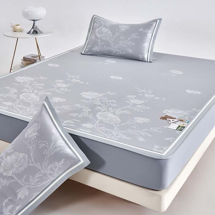 91家纺网 家纺一手货源 找家纺 小牛席业 2026新款牡丹清凉大提花床笠款冰丝席凉席席子藤席竹席豆豆席乳胶席 灰色