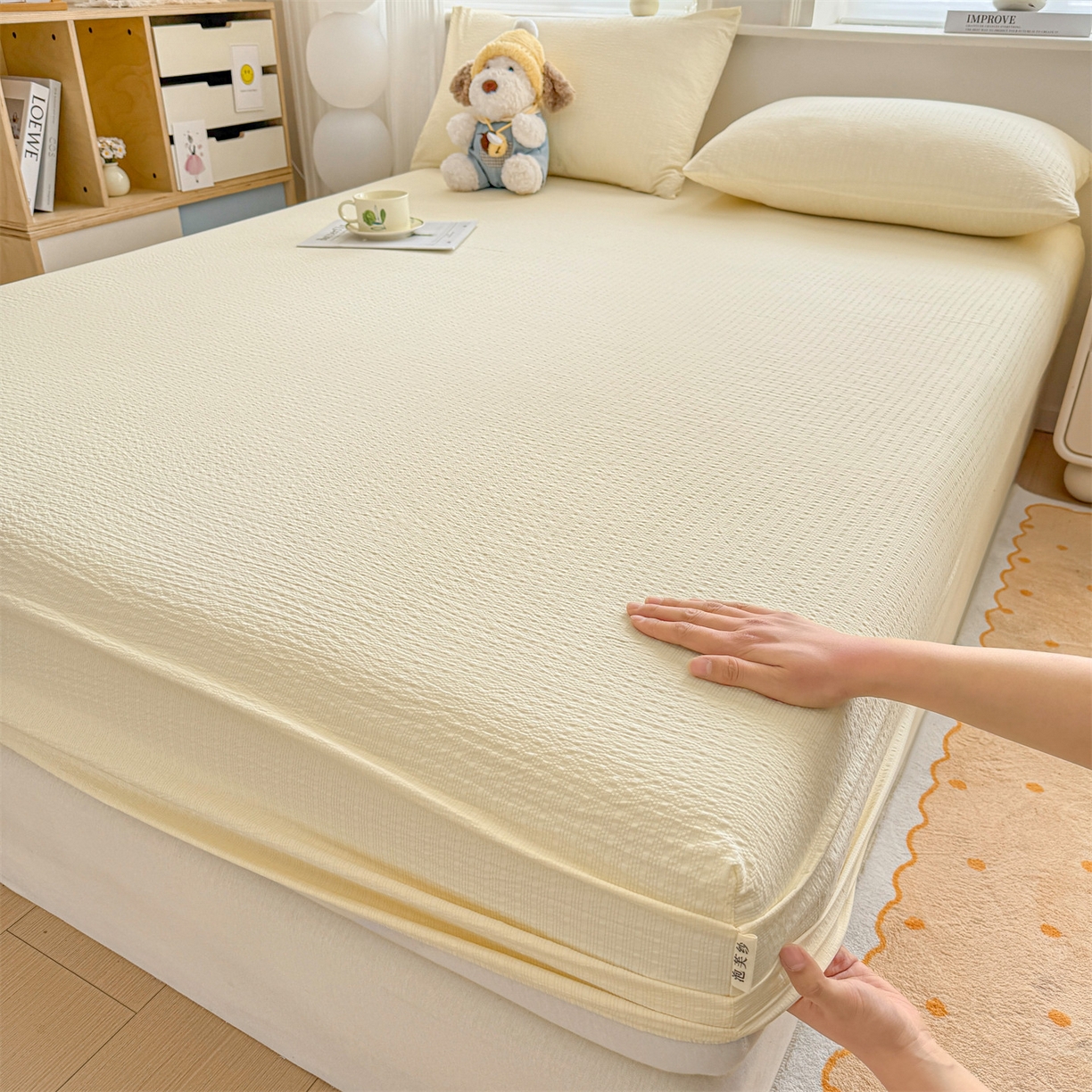 女子家纺 2026新款亲肤泡芙纱印花床笠单床笠床笠单件 杏仁白