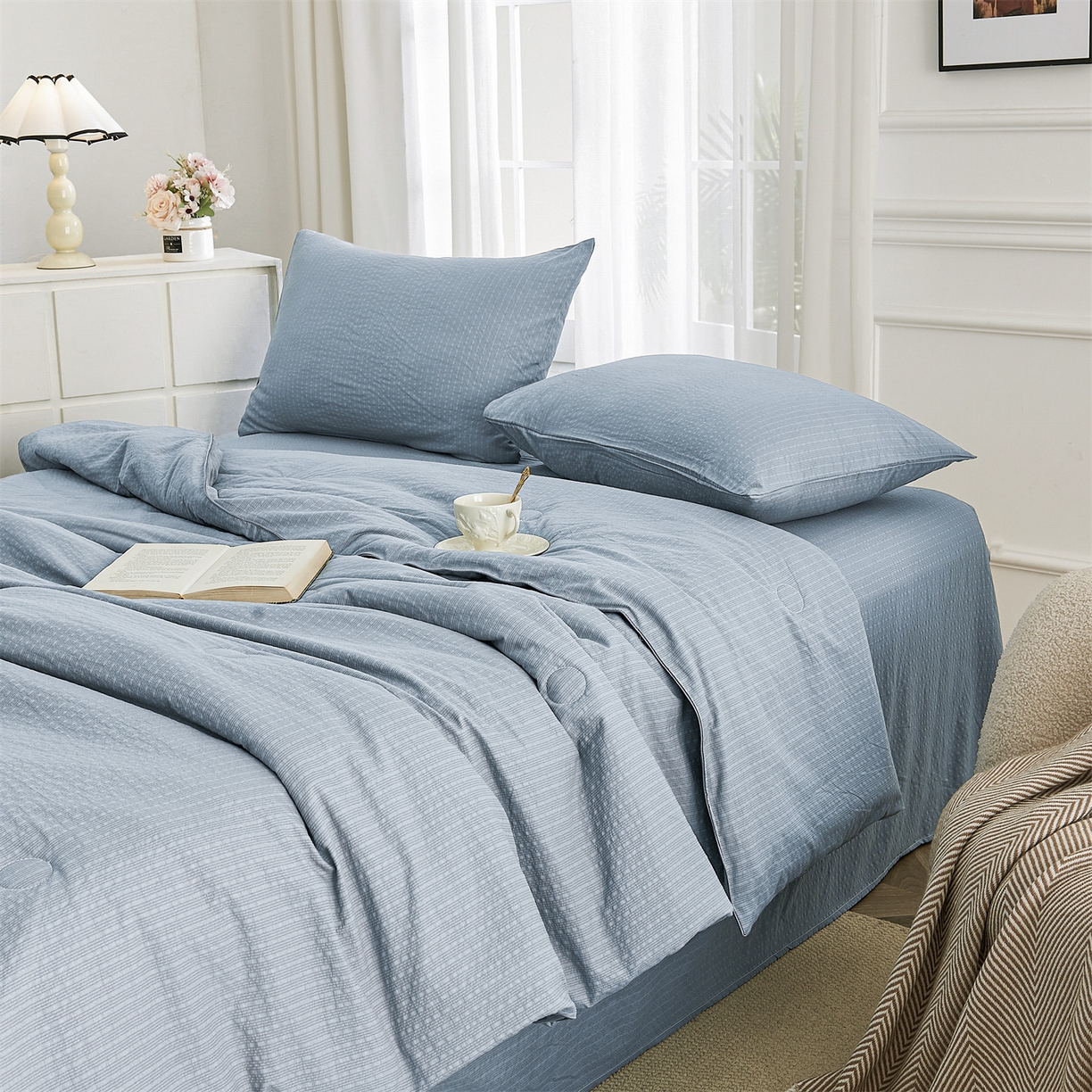 91家纺网 家纺一手货源 找家纺 铺尚美家纺 2026新款泡芙棉夏被四件套泡芙纱单夏被空调被夏凉被-纯色 清爽系列-浅蓝