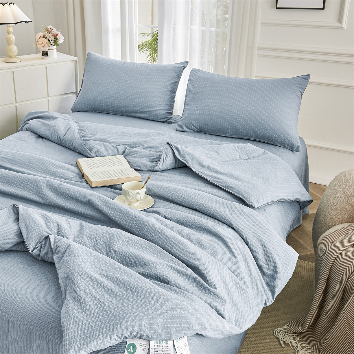 91家纺网 家纺一手货源 找家纺 铺尚美家纺 2026新款泡芙棉夏被四件套泡芙纱单夏被空调被夏凉被-纯色 清爽系列-浅蓝