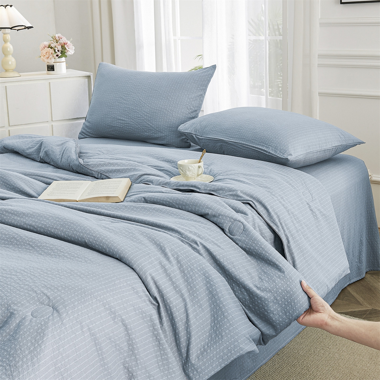 91家纺网 家纺一手货源 找家纺 铺尚美家纺 2026新款泡芙棉夏被四件套泡芙纱单夏被空调被夏凉被-纯色 清爽系列-浅蓝