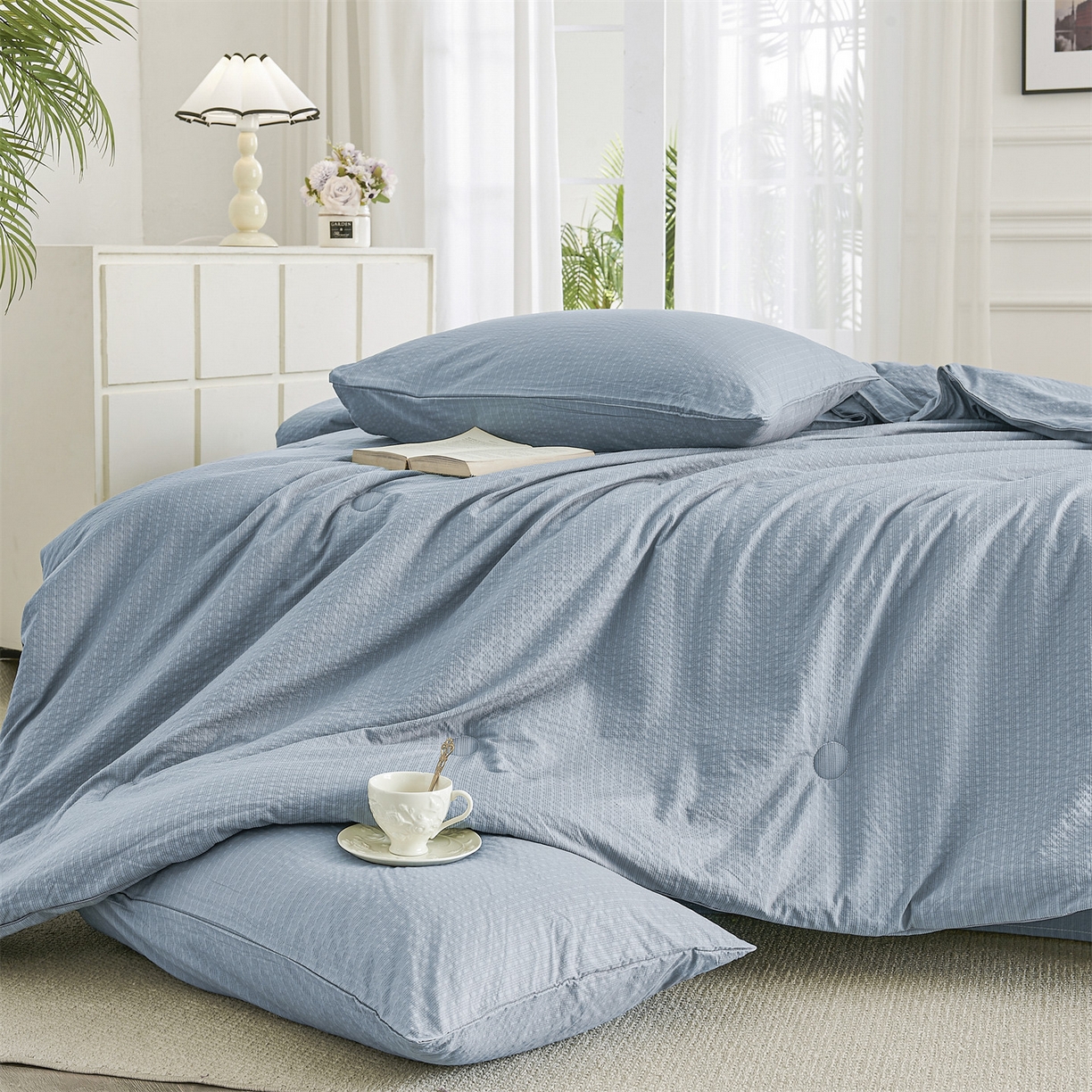 91家纺网 家纺一手货源 找家纺 铺尚美家纺 2026新款泡芙棉夏被四件套泡芙纱单夏被空调被夏凉被-纯色 清爽系列-浅蓝