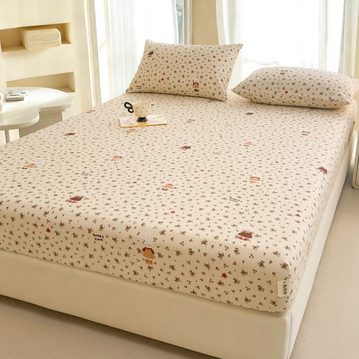 91家纺网 家纺一手货源 找家纺 几禾 2026新款高克重泡芙纱~印花款（单床笠）浅糯系列-110g CL浅糯-田园兔