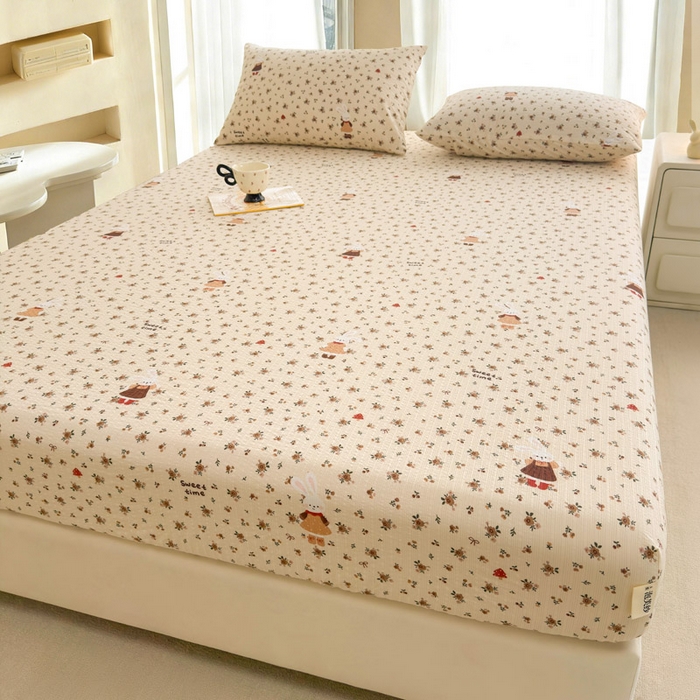 91家纺网 家纺一手货源 找家纺 几禾 2026新款高克重泡芙纱~印花款（单床笠）浅糯系列-110g CL浅糯-田园兔