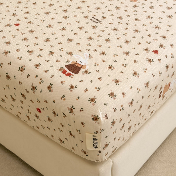 91家纺网 家纺一手货源 找家纺 几禾 2026新款高克重泡芙纱~印花款（单床笠）浅糯系列-110g CL浅糯-田园兔