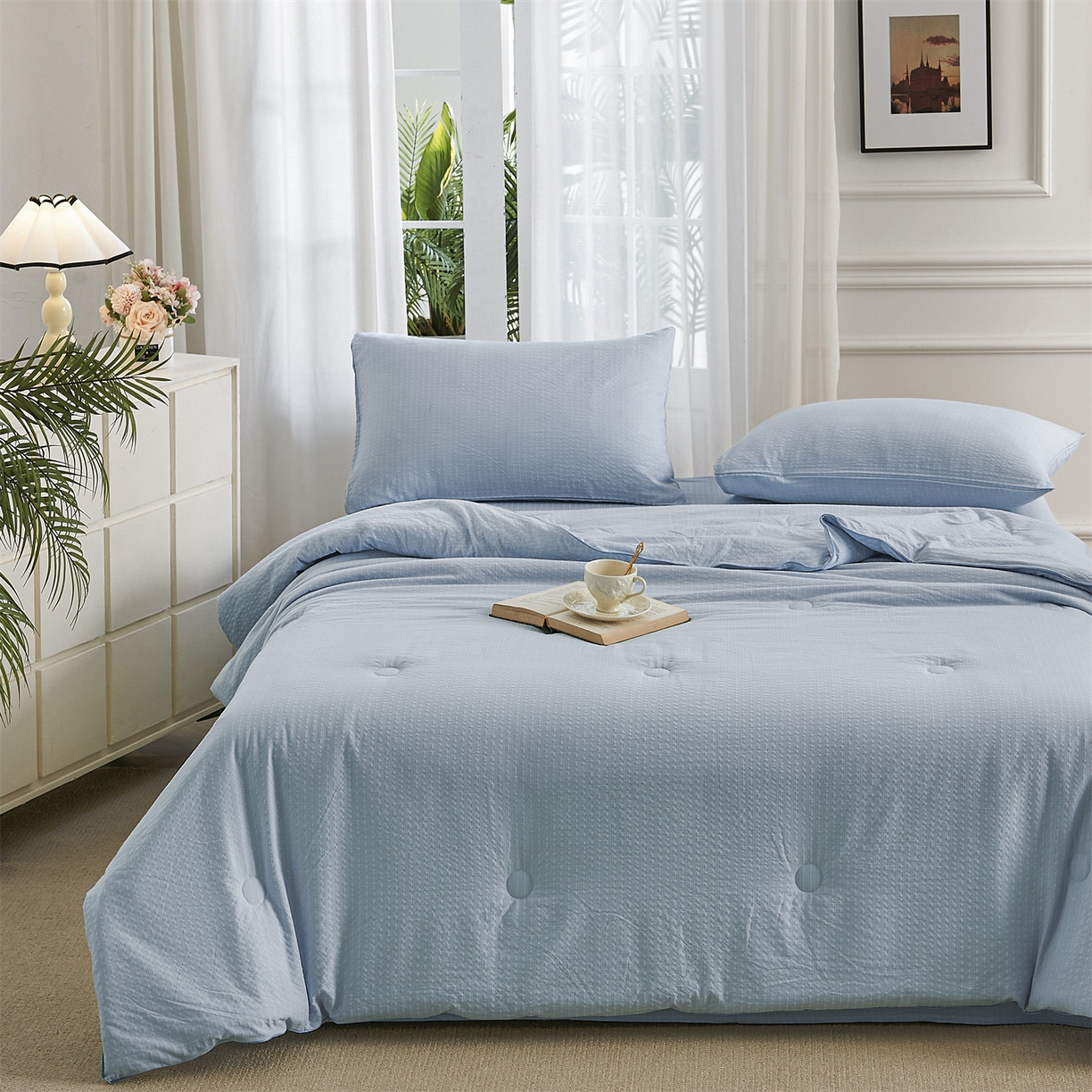 91家纺网 家纺一手货源 找家纺 铺尚美家纺 2026新款泡芙棉夏被四件套泡芙纱单夏被空调被夏凉被-纯色 清爽系列-浅蓝