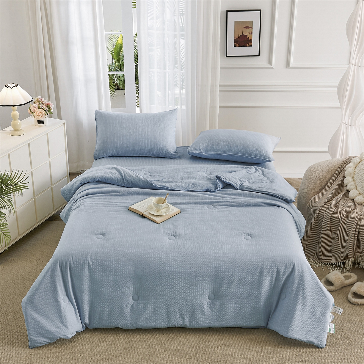 91家纺网 家纺一手货源 找家纺 铺尚美家纺 2026新款泡芙棉夏被四件套泡芙纱单夏被空调被夏凉被-纯色 清爽系列-浅蓝
