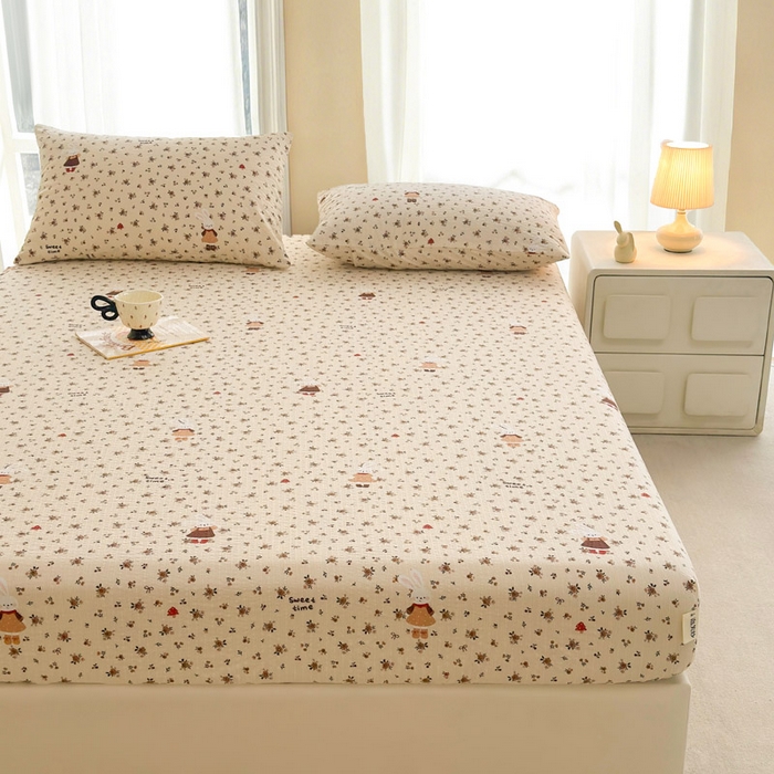 91家纺网 家纺一手货源 找家纺 几禾 2026新款高克重泡芙纱~印花款（单床笠）浅糯系列-110g CL浅糯-田园兔