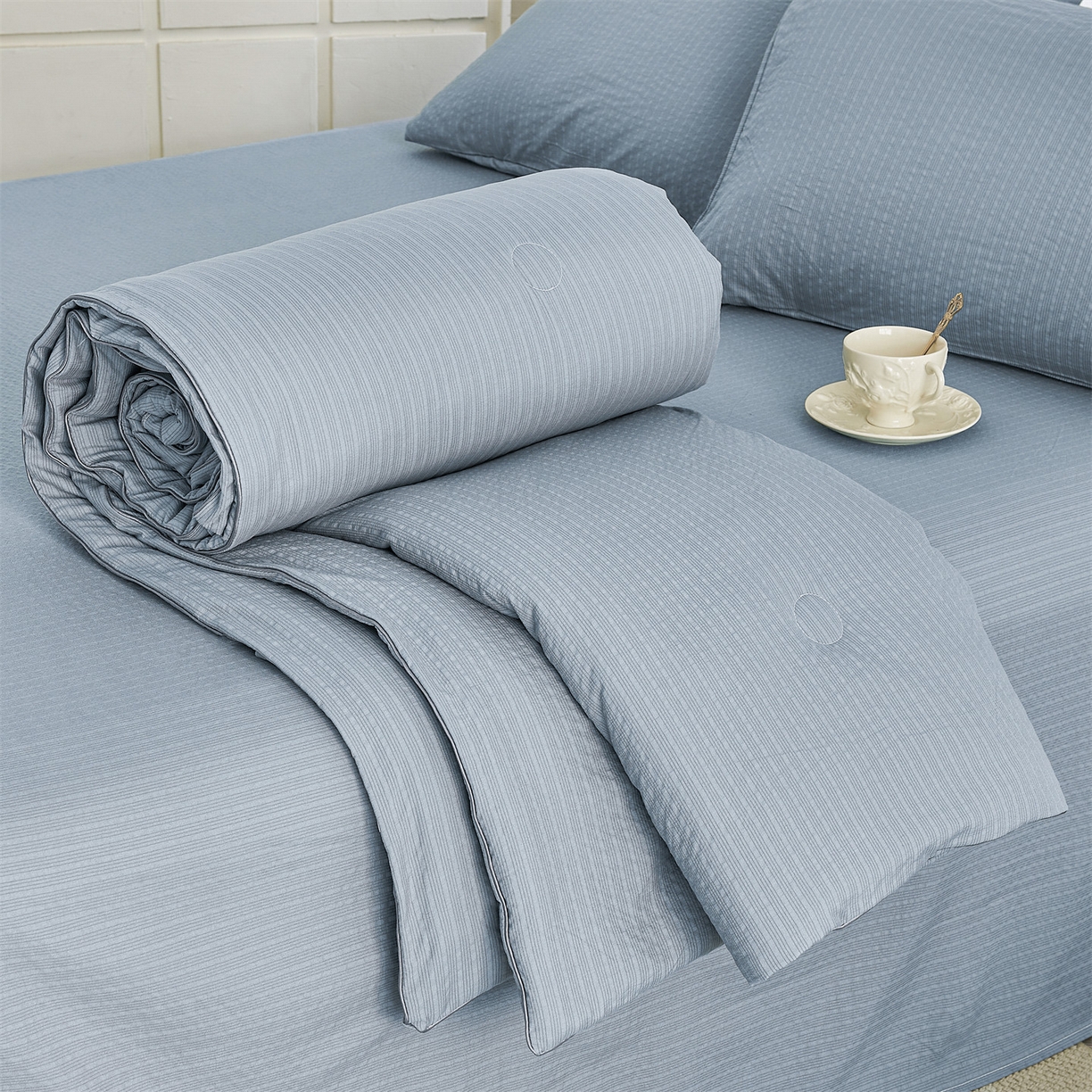 91家纺网 家纺一手货源 找家纺 铺尚美家纺 2026新款泡芙棉夏被四件套泡芙纱单夏被空调被夏凉被-纯色 清爽系列-浅蓝