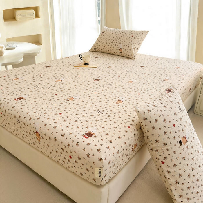 91家纺网 家纺一手货源 找家纺 几禾 2026新款高克重泡芙纱~印花款（单床笠）浅糯系列-110g CL浅糯-田园兔