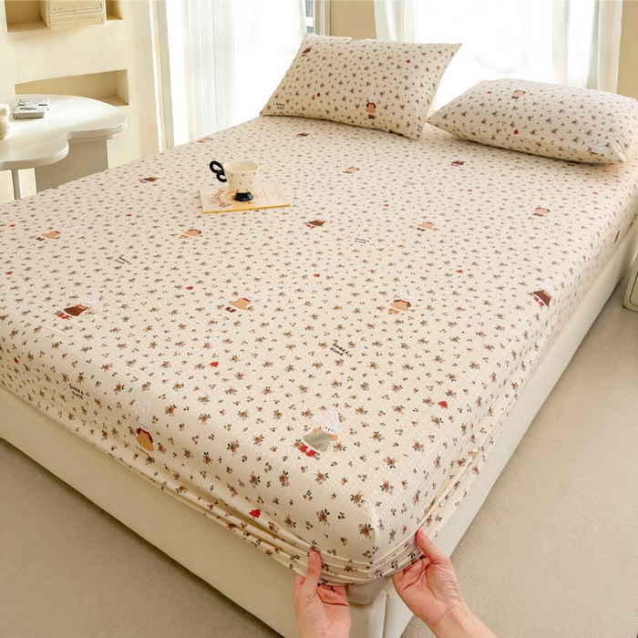 91家纺网 家纺一手货源 找家纺 几禾 2026新款高克重泡芙纱~印花款（单床笠）浅糯系列-110g CL浅糯-田园兔