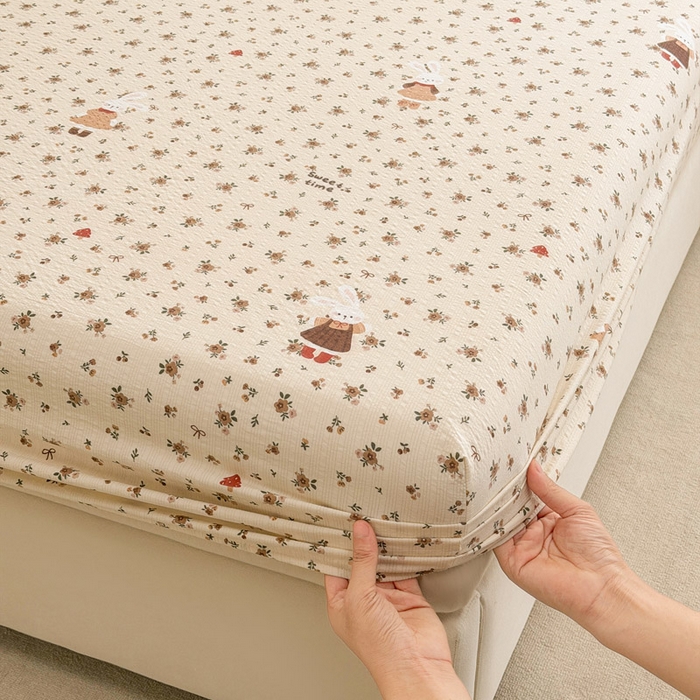 91家纺网 家纺一手货源 找家纺 几禾 2026新款高克重泡芙纱~印花款（单床笠）浅糯系列-110g CL浅糯-田园兔