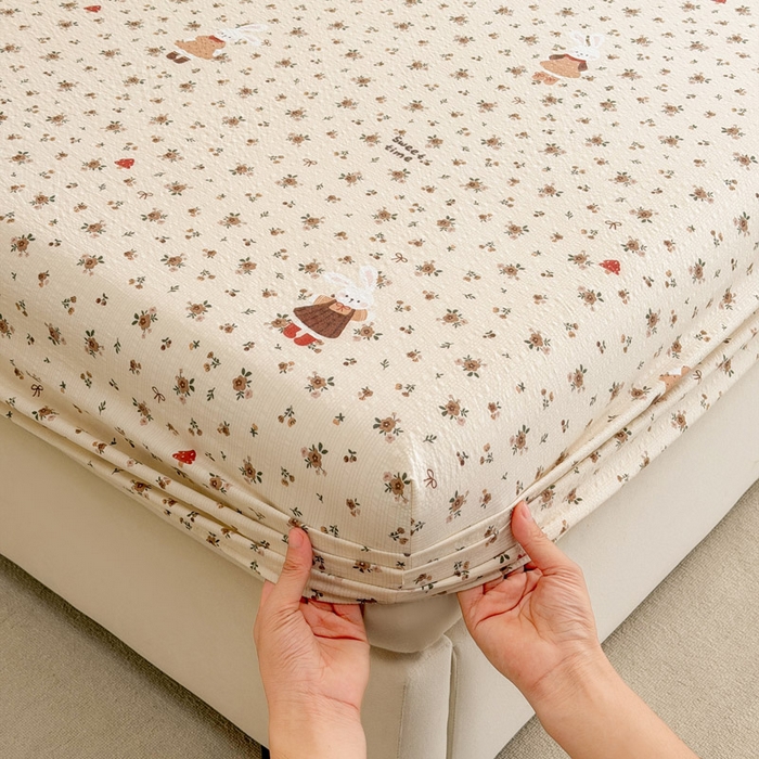 91家纺网 家纺一手货源 找家纺 几禾 2026新款高克重泡芙纱~印花款（单床笠）浅糯系列-110g CL浅糯-田园兔