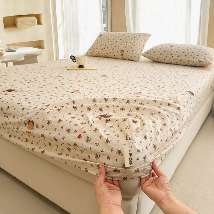 91家纺网 家纺一手货源 找家纺 几禾 2026新款高克重泡芙纱~印花款（单床笠）浅糯系列-110g CL浅糯-田园兔