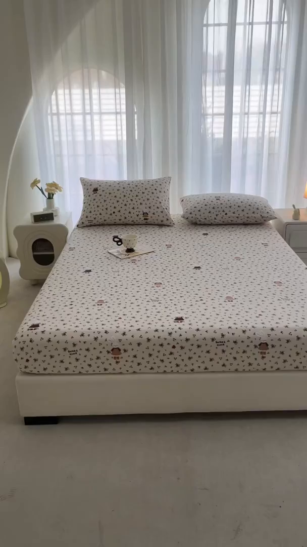 91家纺网 家纺一手货源 找家纺 几禾 2026新款高克重泡芙纱~印花款（单床笠）浅糯系列-110g CL浅糯-田园兔