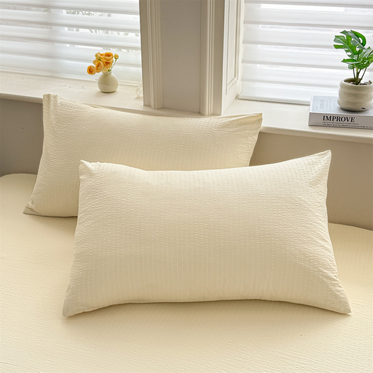 91家纺网 家纺一手货源 找家纺 女子家纺 2026新款亲肤泡芙纱印花床笠单床笠床笠单件 杏仁白