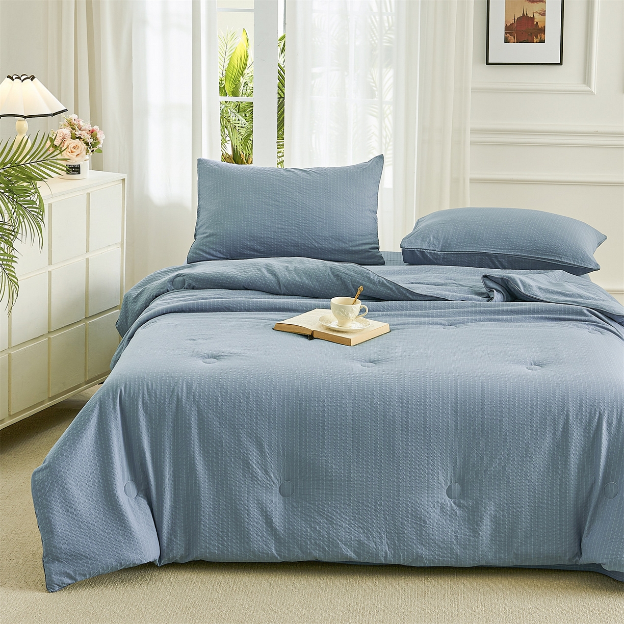 91家纺网 家纺一手货源 找家纺 铺尚美家纺 2026新款泡芙棉夏被四件套泡芙纱单夏被空调被夏凉被-纯色 清爽系列-深蓝