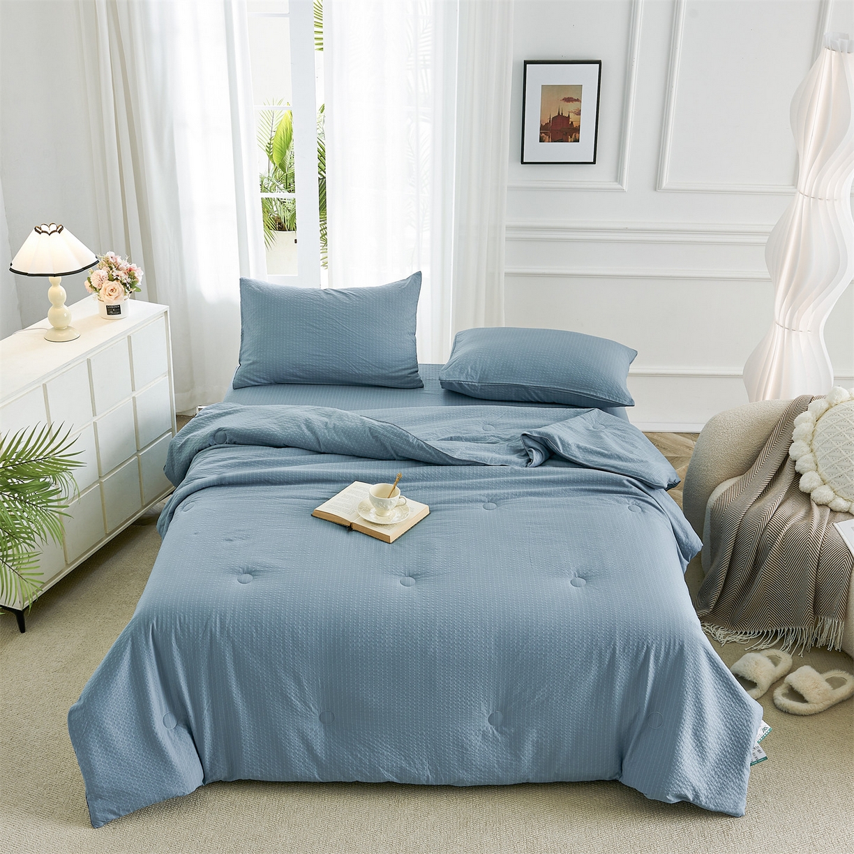 91家纺网 家纺一手货源 找家纺 铺尚美家纺 2026新款泡芙棉夏被四件套泡芙纱单夏被空调被夏凉被-纯色 清爽系列-深蓝