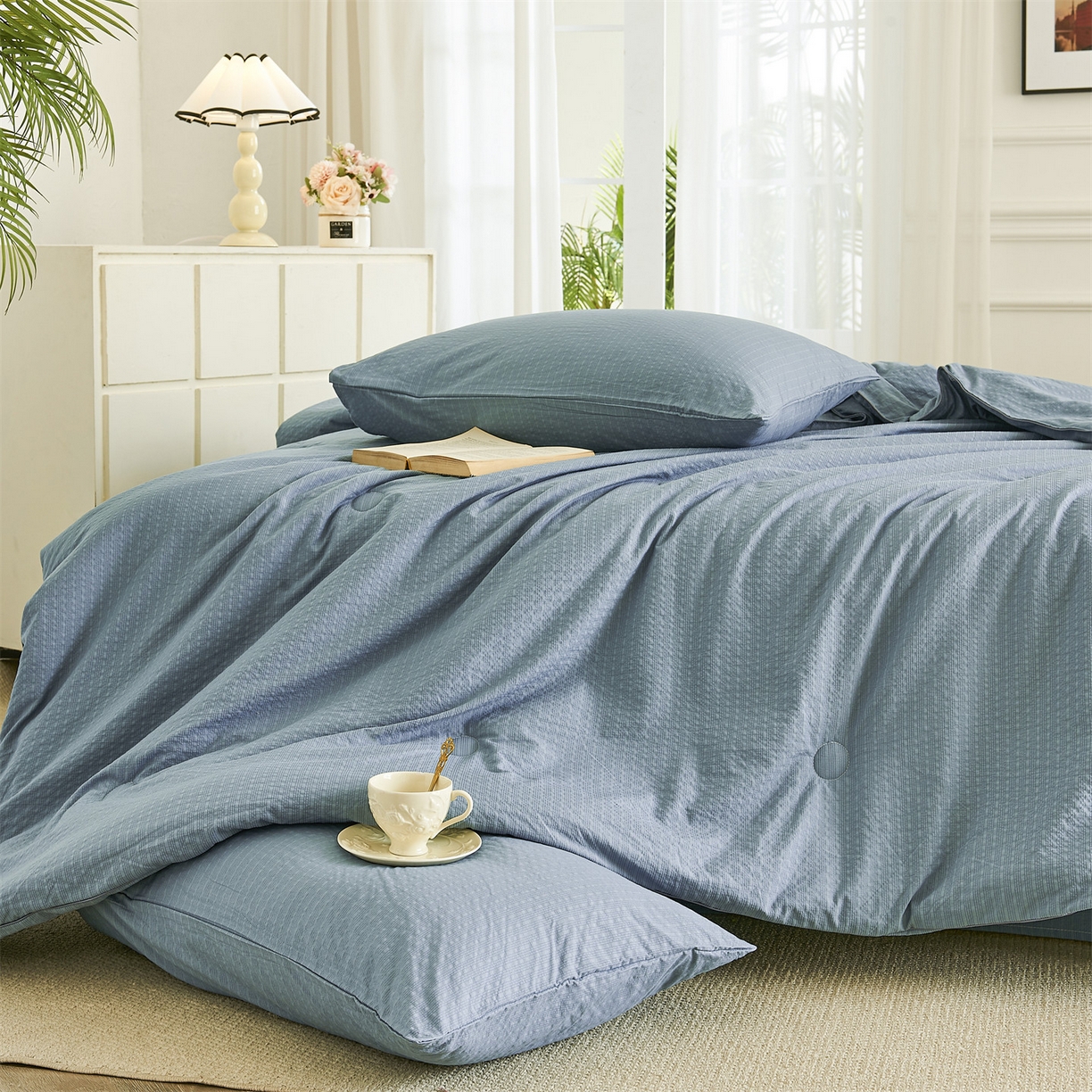 91家纺网 家纺一手货源 找家纺 铺尚美家纺 2026新款泡芙棉夏被四件套泡芙纱单夏被空调被夏凉被-纯色 清爽系列-深蓝