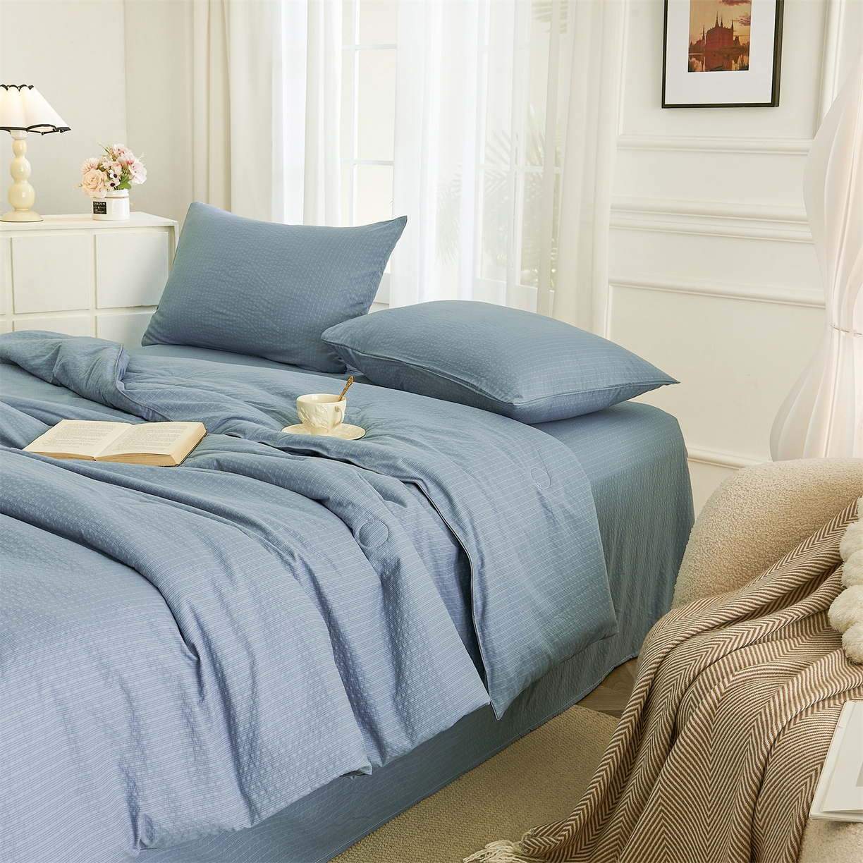 91家纺网 家纺一手货源 找家纺 铺尚美家纺 2026新款泡芙棉夏被四件套泡芙纱单夏被空调被夏凉被-纯色 清爽系列-深蓝