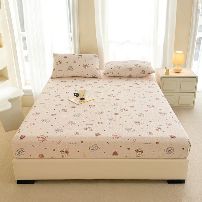 91家纺网 家纺一手货源 找家纺 几禾 2026新款高克重泡芙纱~印花款（单床笠）浅糯系列-110g CL浅糯-甜品萌狗