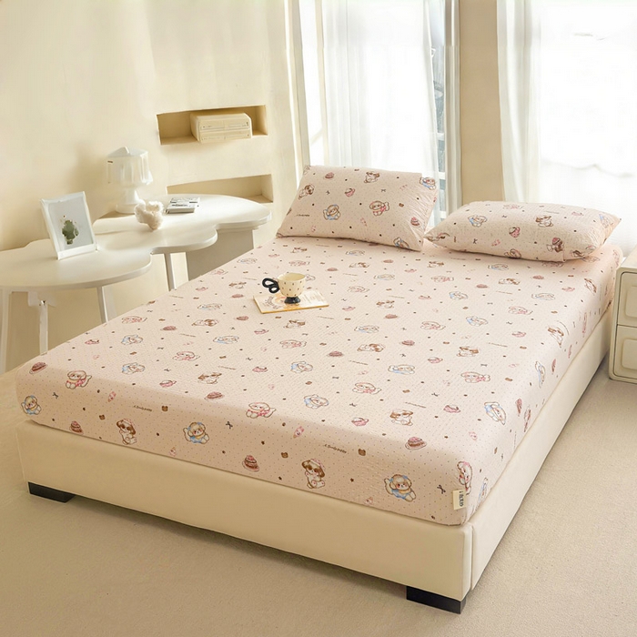 91家纺网 家纺一手货源 找家纺 几禾 2026新款高克重泡芙纱~印花款（单床笠）浅糯系列-110g CL浅糯-甜品萌狗