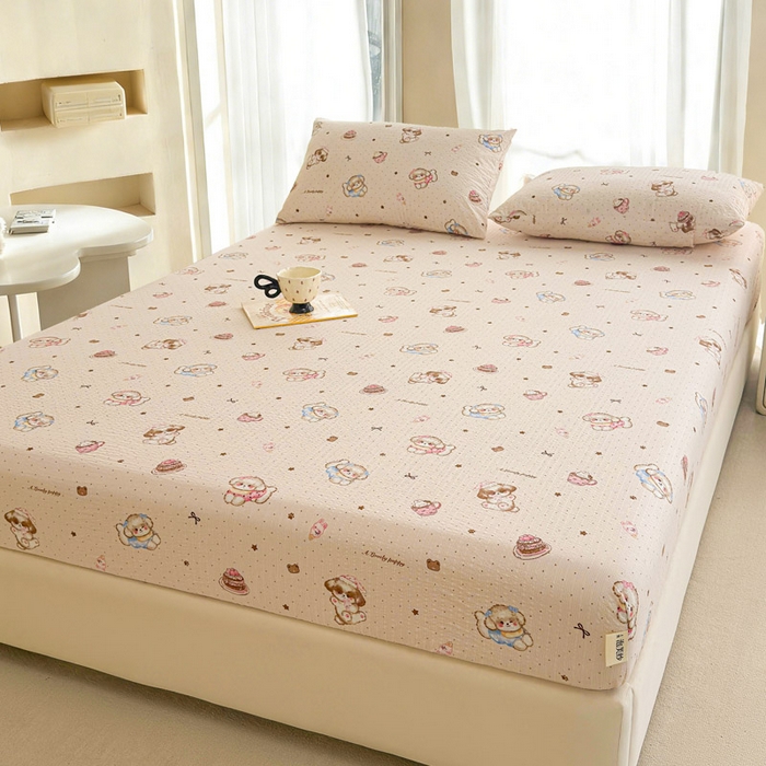 91家纺网 家纺一手货源 找家纺 几禾 2026新款高克重泡芙纱~印花款（单床笠）浅糯系列-110g CL浅糯-甜品萌狗