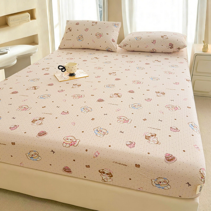 91家纺网 家纺一手货源 找家纺 几禾 2026新款高克重泡芙纱~印花款（单床笠）浅糯系列-110g CL浅糯-甜品萌狗