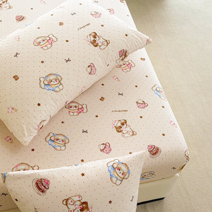 91家纺网 家纺一手货源 找家纺 几禾 2026新款高克重泡芙纱~印花款（单床笠）浅糯系列-110g CL浅糯-甜品萌狗