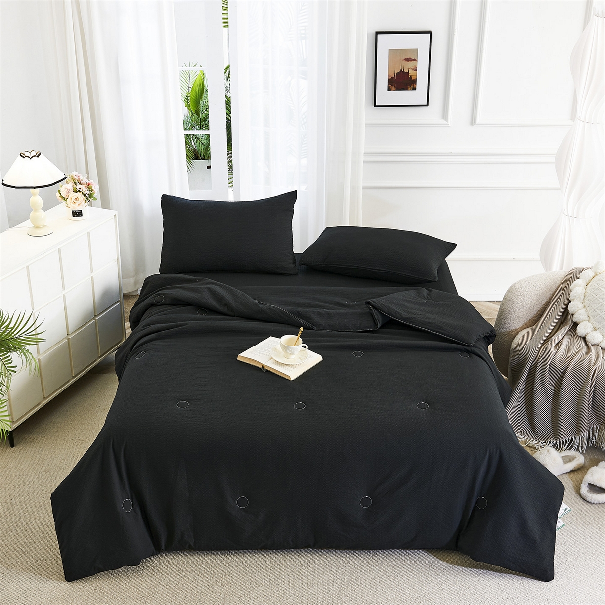 91家纺网 家纺一手货源 找家纺 铺尚美家纺 2026新款泡芙棉夏被四件套泡芙纱单夏被空调被夏凉被-纯色 清爽系列-炫黑