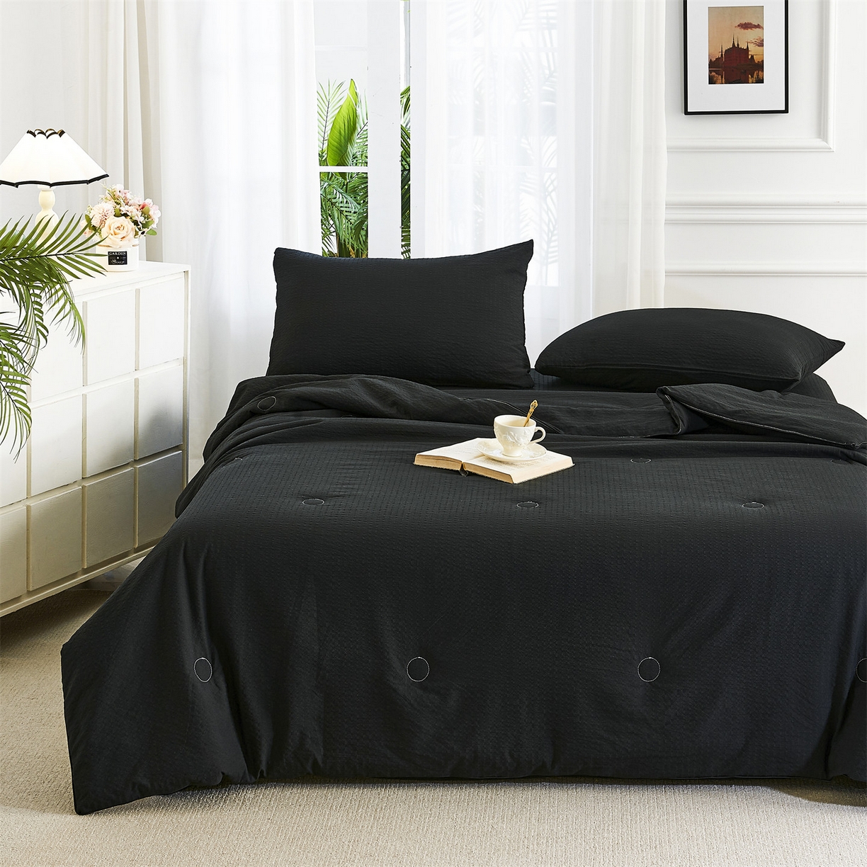 91家纺网 家纺一手货源 找家纺 铺尚美家纺 2026新款泡芙棉夏被四件套泡芙纱单夏被空调被夏凉被-纯色 清爽系列-炫黑