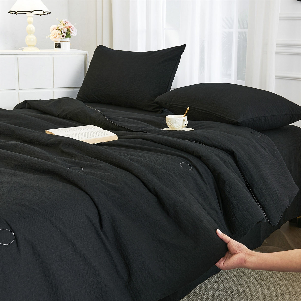 91家纺网 家纺一手货源 找家纺 铺尚美家纺 2026新款泡芙棉夏被四件套泡芙纱单夏被空调被夏凉被-纯色 清爽系列-炫黑