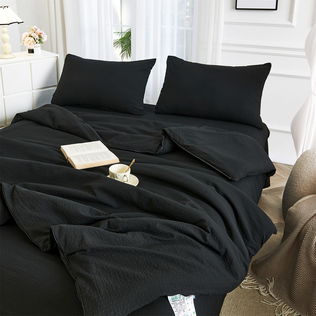 91家纺网 家纺一手货源 找家纺 铺尚美家纺 2026新款泡芙棉夏被四件套泡芙纱单夏被空调被夏凉被-纯色 清爽系列-炫黑